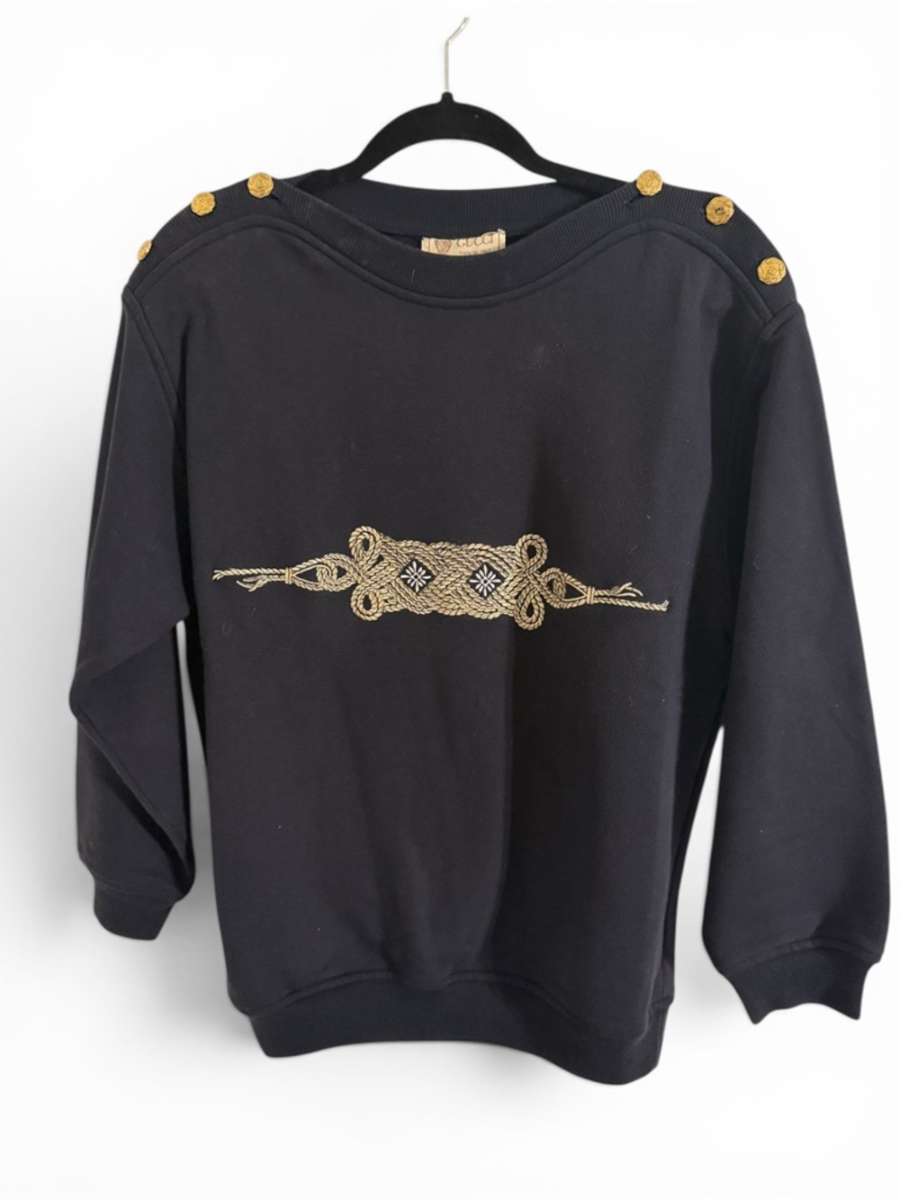 Gucci Vintage Sweatshirt Gold Button Shoulder Embroidered Black Size S COA